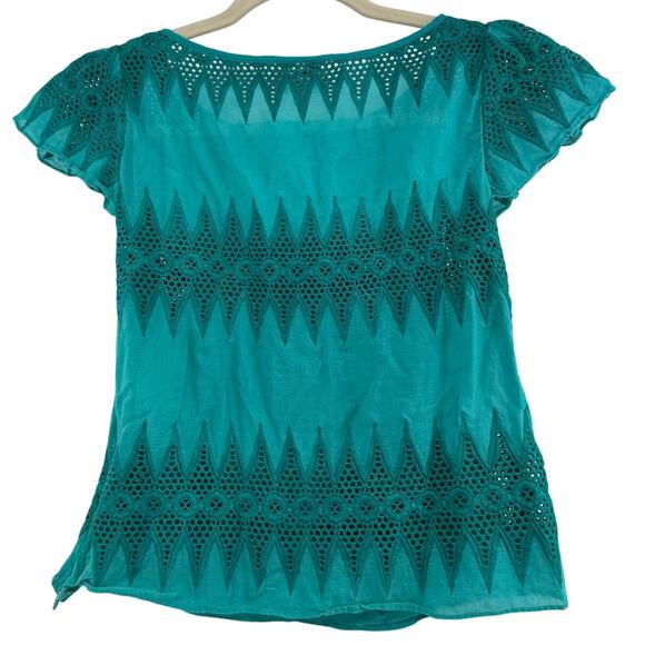 Milly Eyelet Embroidered Short Sleeve Blouse Teal Green Size 4 - Picture 5 of 6